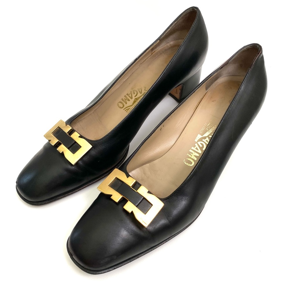 Salvatore Ferragamo Chunky Heels Pumps 6.5 B Black Logo Buckle Square Toe